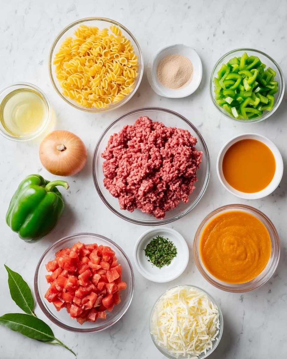 The image shows several clear glass bowls and white small dishes arranged on a white marbled surface. The largest bowl in the middle contains raw ground meat, deep red and pink in color. To its left, a bowl holds dry elbow pasta, pale yellow, and above it is a glass with a light yellow liquid. Next to the pasta is a bowl with chopped green bell peppers, bright green and fresh. Above it, a small white dish has a light brown powder. To the right of the meat bowl is a bowl of smooth orange sauce, and next to it a bowl filled with red diced tomatoes. Above the tomatoes is a small dish with green herbs, and next to that, a small white dish with light yellow liquid. Above these is a medium bowl with shredded pale cheese and next to it, a small bowl of chopped onions with a whole onion nearby. There are also two fresh dark green leaves and a green bell pepper at the bottom left of the image. photo taken with an iphone --ar 4:5 --v 7