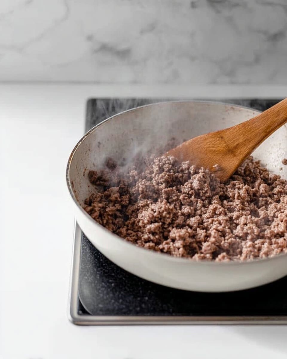 A white pan on a stove filled with cooked ground meat, with steam rising above it. The meat is brown and crumbly, spread evenly inside the pan. A wooden spatula with a flat edge is resting inside the pan, slightly lifting some of the meat. The stove surface and the background have a clean white marbled texture. photo taken with an iphone --ar 4:5 --v 7