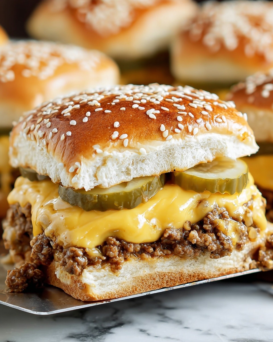 A close-up view of a sandwich showing three main layers: the top layer is a golden brown sesame seed bun sprinkled with white sesame seeds; underneath it sit two thick, pale green pickle slices; below the pickles is a thick layer of melted yellow cheese mixed with small pieces of browned ground meat, which spills slightly over the edge; the bottom layer is the light tan inside of the sesame seed bun, soft and slightly thick; the sandwich rests on a metal spatula above a white marbled surface with more similar sandwiches blurred slightly in the background, photo taken with an iphone --ar 4:5 --v 7