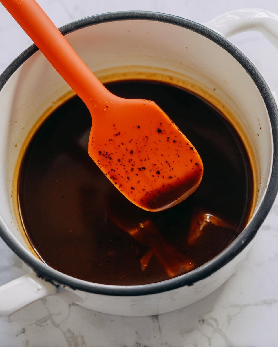 A white pot with a black rim is filled with dark brown liquid and a few floating pieces of food with a rough texture. An orange silicone spatula is held above the pot, showing some of the dark brown liquid on its surface with small black specks. The background is a white marbled texture. Photo taken with an iphone --ar 4:5 --v 7