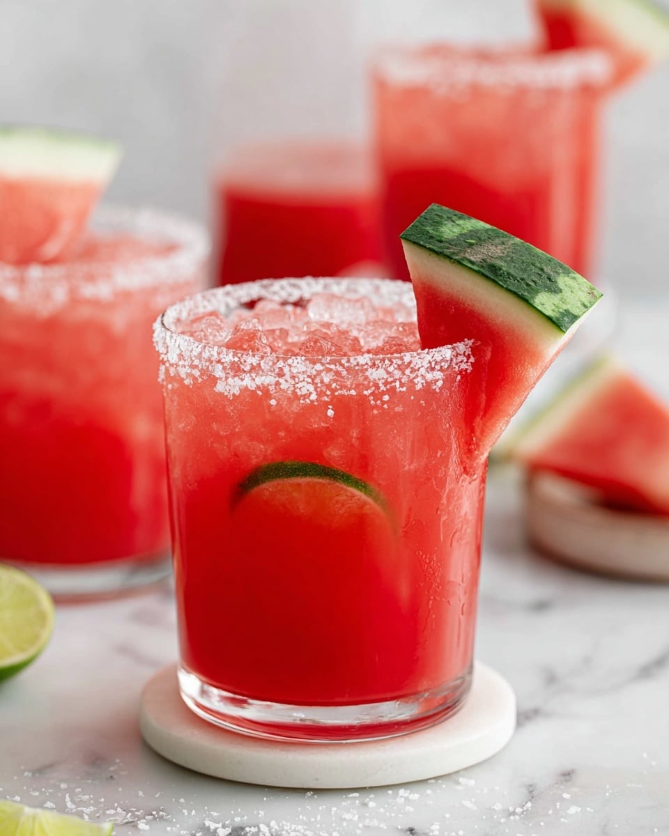 A clear glass filled with bright red and pink watermelon drink with crushed ice on top, a thin green lime slice inside near the bottom, and a thick rim of coarse salt around the top edge. A triangular watermelon slice with dark green rind and red flesh is placed on the rim. The glass sits on a round white coaster on a white marbled surface, with blurred glasses and watermelon pieces in the soft background. Photo taken with an iphone --ar 4:5 --v 7
