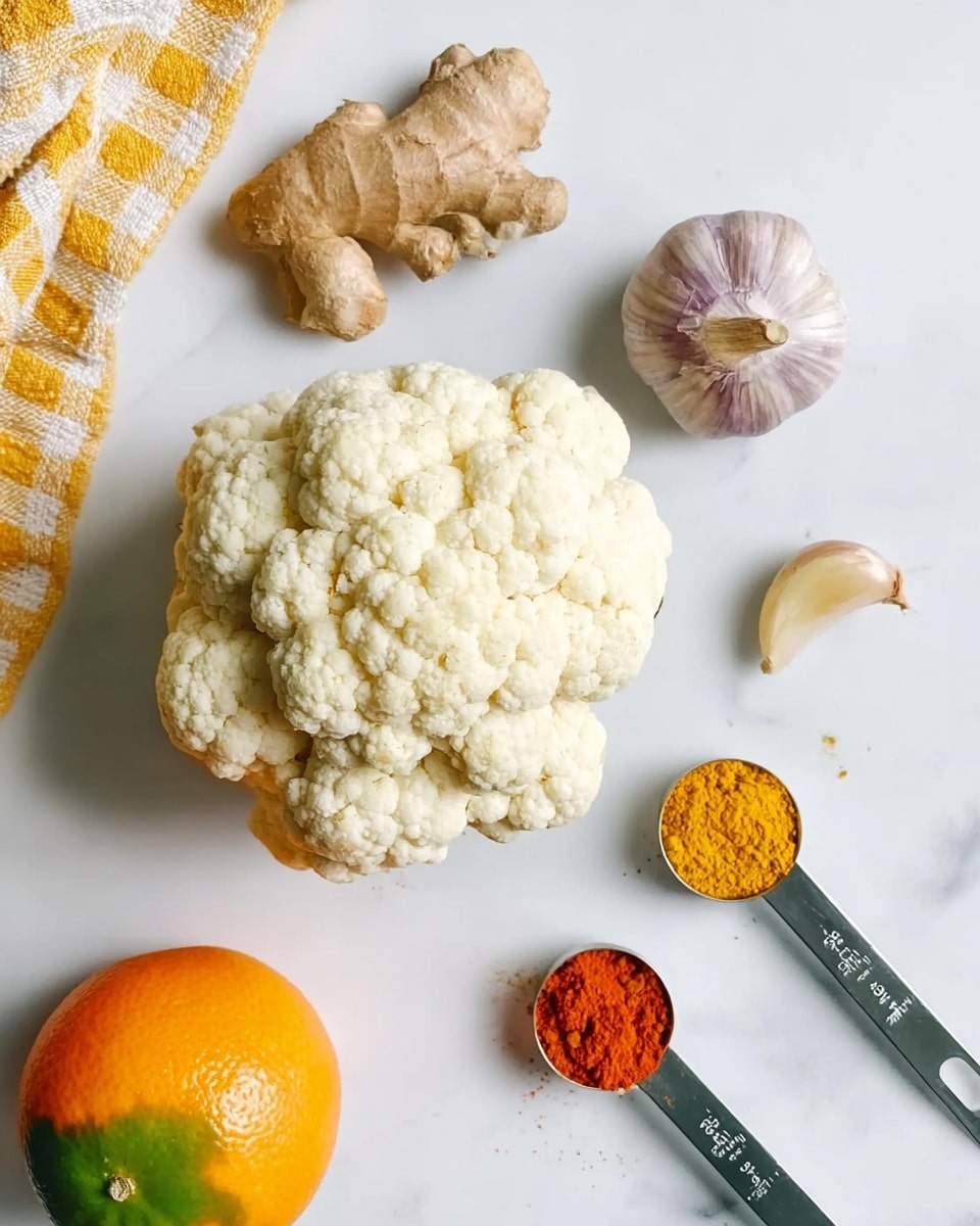 A photo showing several ingredients on a white marbled surface, arranged with some space between them. In the center is a whole cauliflower head, white with a soft, bumpy texture. Above it, slightly to the left, is a piece of ginger root with a light brown, papery skin and knobby shape. To the right of the ginger is a clove of garlic with a pale purple and white peel. Below the cauliflower, on the left side, is an orange with a smooth skin that has green patches. On the right side, there are two metal measuring spoons with bright colored powders: the top spoon has a yellow turmeric powder, and the bottom spoon holds orange-red chili powder. A yellow and white checked cloth is partly visible in the top left corner. photo taken with an iphone --ar 4:5 --v 7