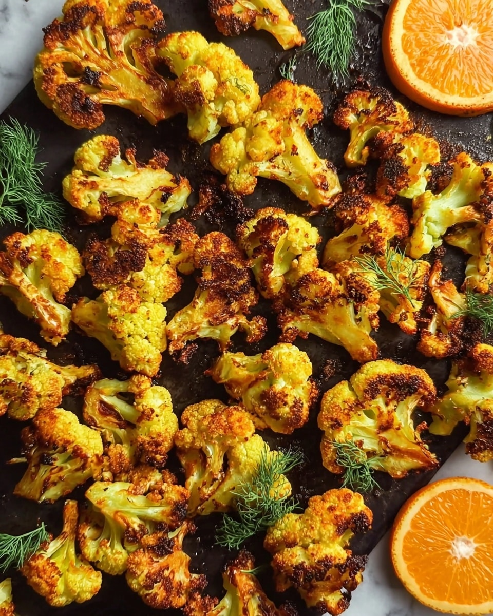 The image shows a close-up view of many golden-brown roasted cauliflower florets spread across a dark pan. The cauliflower has a mix of bright yellow, golden, and slightly charred dark brown spots, giving it a crispy, textured look. Small fresh green dill sprigs are scattered around the cauliflower, adding a splash of color. On the top right and bottom right corners of the pan, there are two halves of a bright orange fruit, adding contrast to the image. The dark pan surface contrasts with the colorful vegetables, and the whole scene is set on a white marbled background. Photo taken with an iphone --ar 4:5 --v 7