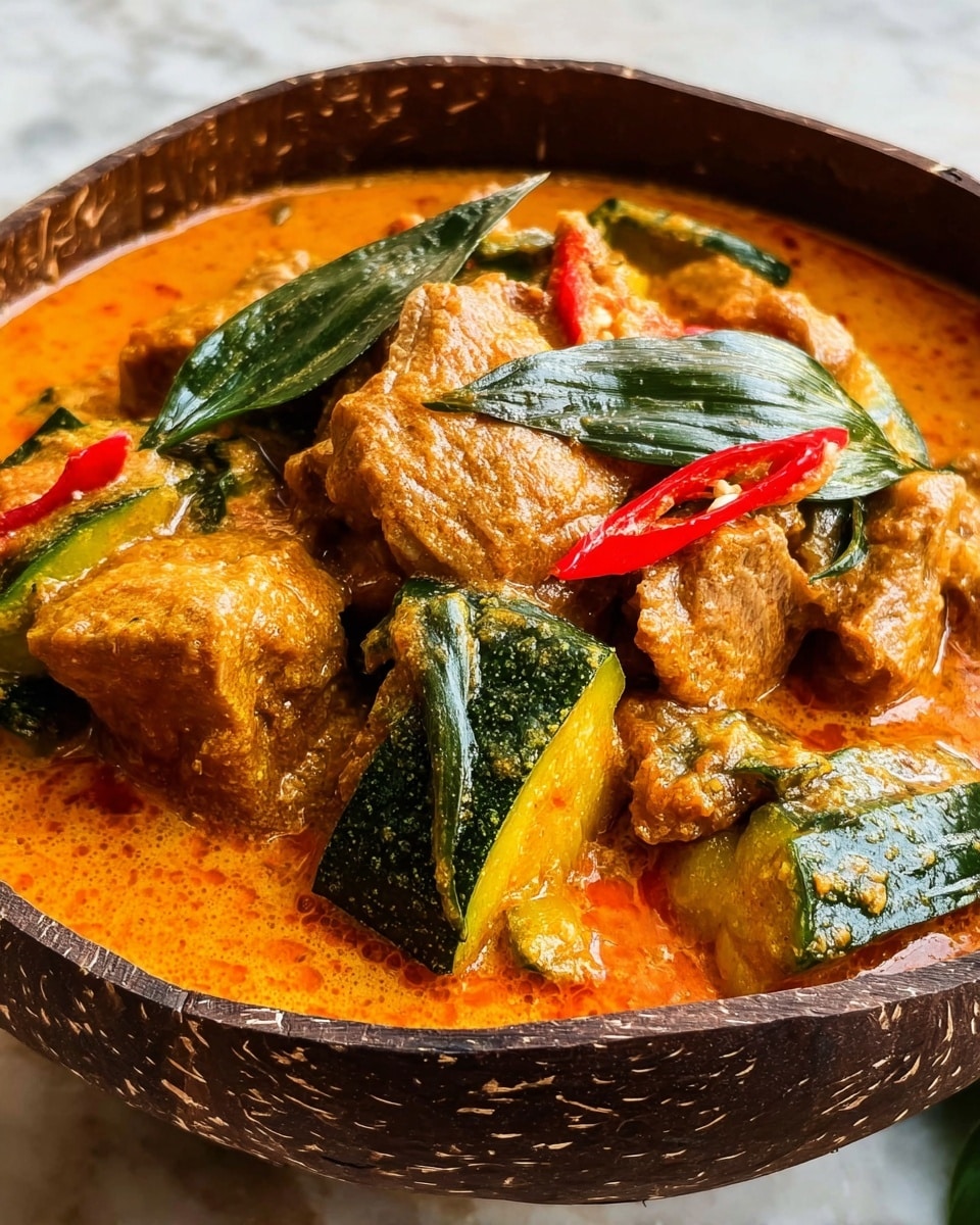 This dish is shown in a rustic brown bowl that looks like a coconut shell, placed on a white marbled surface. The bowl is filled with a thick orange curry sauce that coats large pieces of cooked meat and vegetables. The vegetables include bright green zucchini slices and red chili peppers, all mixed into the sauce. There are also some whole green leaves scattered across the dish, resting on top of and inside the sauce. The textures of the sauce are smooth and glossy, while the meat and vegetables look tender and juicy. The image is a close-up showing the rich colors and details of the dish. photo taken with an iphone --ar 4:5 --v 7