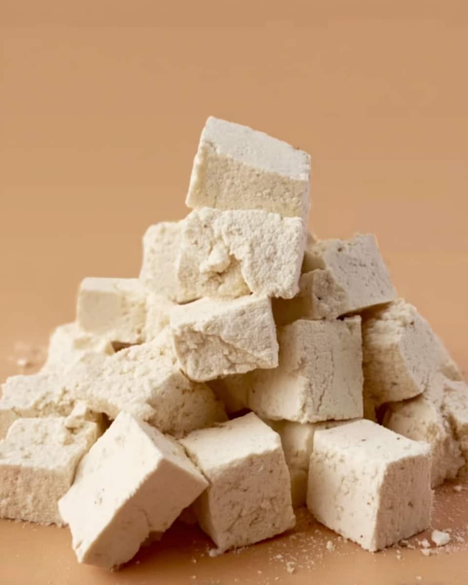 The image shows many small white tofu cubes stacked in a pile on a tan surface. Each tofu piece has a soft, crumbly texture with some rough edges and smooth faces. The cubes vary slightly in size but fit together like small blocks. The background is plain and the lighting is soft, highlighting the tofu's creamy white color and delicate texture. photo taken with an iphone --ar 4:5 --v 7