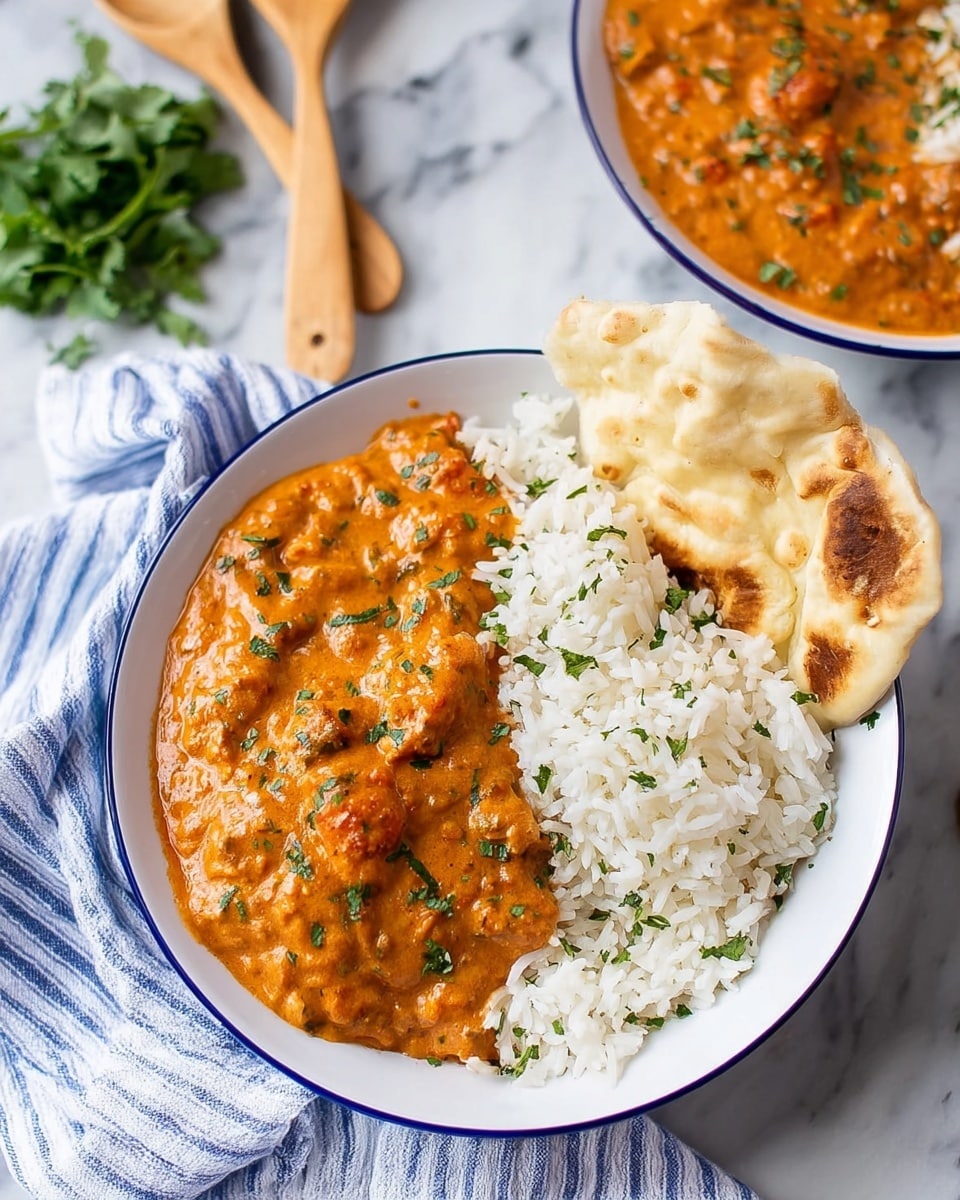 A white bowl with a blue rim holds two main layers: on one side, a thick orange curry sauce with small chunks and green herb sprinkles on top, covering part of the bowl; on the other side, fluffy white rice with some green herbs scattered over it; a piece of flatbread with a light tan color and browned spots is tucked into the rice, sticking out to the right. The bowl rests on a white marbled surface, with a second bowl partially visible in the background containing the same dish. There is a bundle of green herbs and two light wooden spoons on a blue and white striped cloth to the left. Photo taken with an iphone --ar 4:5 --v 7
