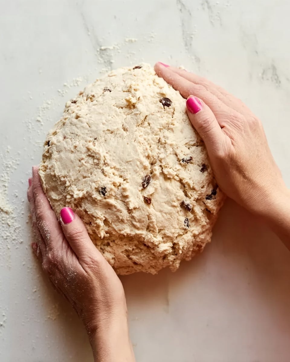 The image shows a close-up of a woman's hands pressing a round, slightly rough dough with visible small dark spots, likely raisins, on a white marbled surface. The dough looks soft and slightly uneven with a light beige color. The woman's fingers have pink nail polish and touch the edges of the dough, gently shaping it. The overall scene is bright with soft shadows. photo taken with an iphone --ar 4:5 --v 7