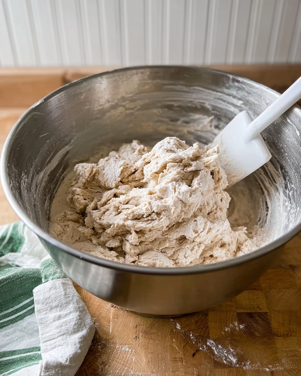 A large silver mixing bowl contains rough dough with a pale beige color and a slightly crumbly texture. The dough has clumps and streaks of dry flour visible on its surface. A white plastic spatula rests inside the bowl, partially buried in the dough. The bowl is placed on a wooden countertop and next to it is a green and white striped cloth. The background shows white walls with subtle panel lines. Photo taken with an iphone --ar 4:5 --v 7