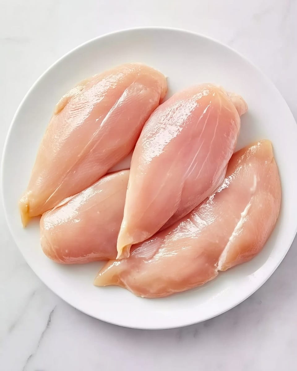 Four raw chicken breasts with a smooth, shiny, and slightly wet texture are arranged on a white plate, filling the plate evenly. The chicken pieces have a pale pink color with subtle light reflections highlighting their moist surface. The plate is set on a white marbled surface, keeping the scene clean and simple photo taken with an iphone --ar 4:5 --v 7
