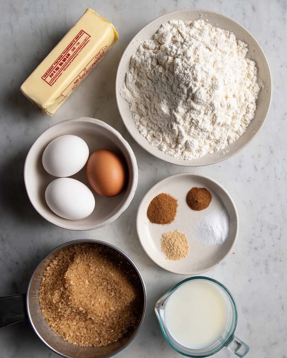 The image shows six containers with baking ingredients placed on a white marbled surface. At the top right, there is a large white bowl filled with a heap of white flour with a rough texture. To the left of this bowl is an unsalted butter stick wrapped in yellow paper with red text. Below the butter is a white bowl holding three eggs, two white and one brown, with smooth shells. To the right of the eggs is a white ceramic plate with small piles of powdered spices and ingredients in five sections, including brown, white, and light brown powders. Next to the plate is a clear measuring cup filled with white milk. At the bottom left is a metal measuring cup filled with packed light brown sugar crystals. Photo taken with an iphone --ar 4:5 --v 7