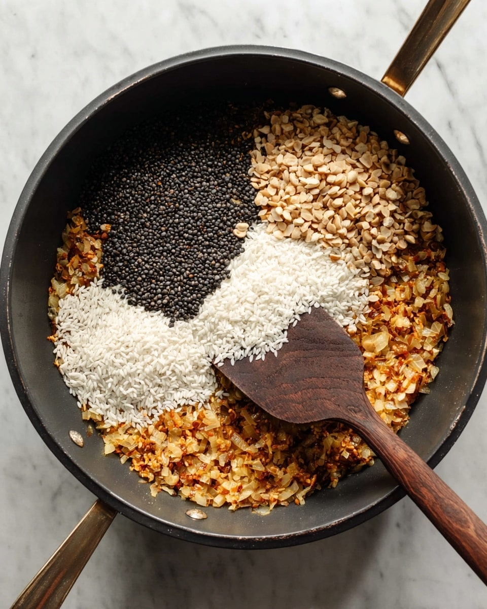 A black pot sits on a white marbled surface filled with three clear layers of ingredients that are not yet mixed. The bottom layer is finely chopped onions with a golden brown color spread evenly across the base. On top of the onions, three separate piles form a triangle: black lentils in the top right, tiny beige chopped nuts on the left, and raw white rice grains in the bottom center. A dark wooden spatula is inside the pot, resting on the lentils, angled from the top center toward the bottom left. photo taken with an iphone --ar 4:5 --v 7
