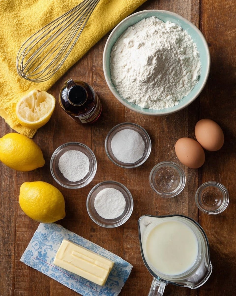 The image shows a flat lay of baking ingredients arranged neatly on a wooden table with a yellow cloth near the top left. There is a white bowl filled with white powdery flour placed on the cloth. Two halved lemons, two brown eggs, and a small dark bottle of vanilla extract are positioned nearby. Small clear glass bowls contain white granulated sugar and a small amount of salt. A stick of butter wrapped in a blue and white paper lies horizontally near the center. A clear measuring cup filled with white milk and another one with a clear liquid, likely oil, are also present. A metal whisk is on the top left corner. The whole scene is set on a white marbled texture surface, photo taken with an iphone --ar 4:5 --v 7