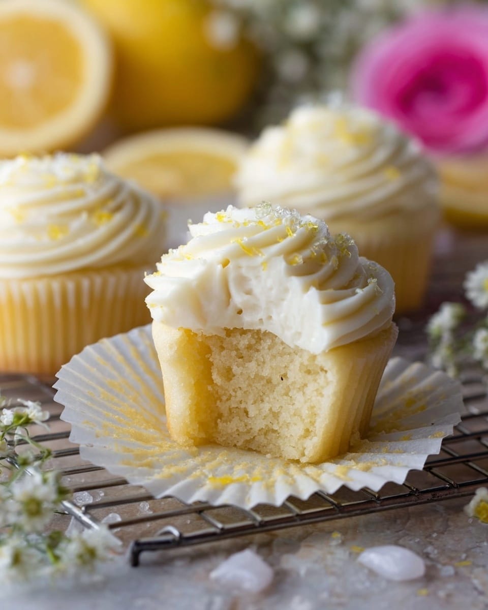 A close-up of a single yellow cupcake with a soft, moist texture sits open in a white liner on a metal rack. It has one thick layer of smooth, white swirled frosting on top, with light yellow sugar sprinkles adding sparkle. In the background, parts of two more yellow cupcakes with the same white frosting are visible, along with a sliced yellow lemon and a bright pink flower blurred out. Small white flowers and tiny sugar crystals are scattered on the wooden surface beneath the rack, all set against a white marbled texture. photo taken with an iphone --ar 4:5 --v 7
