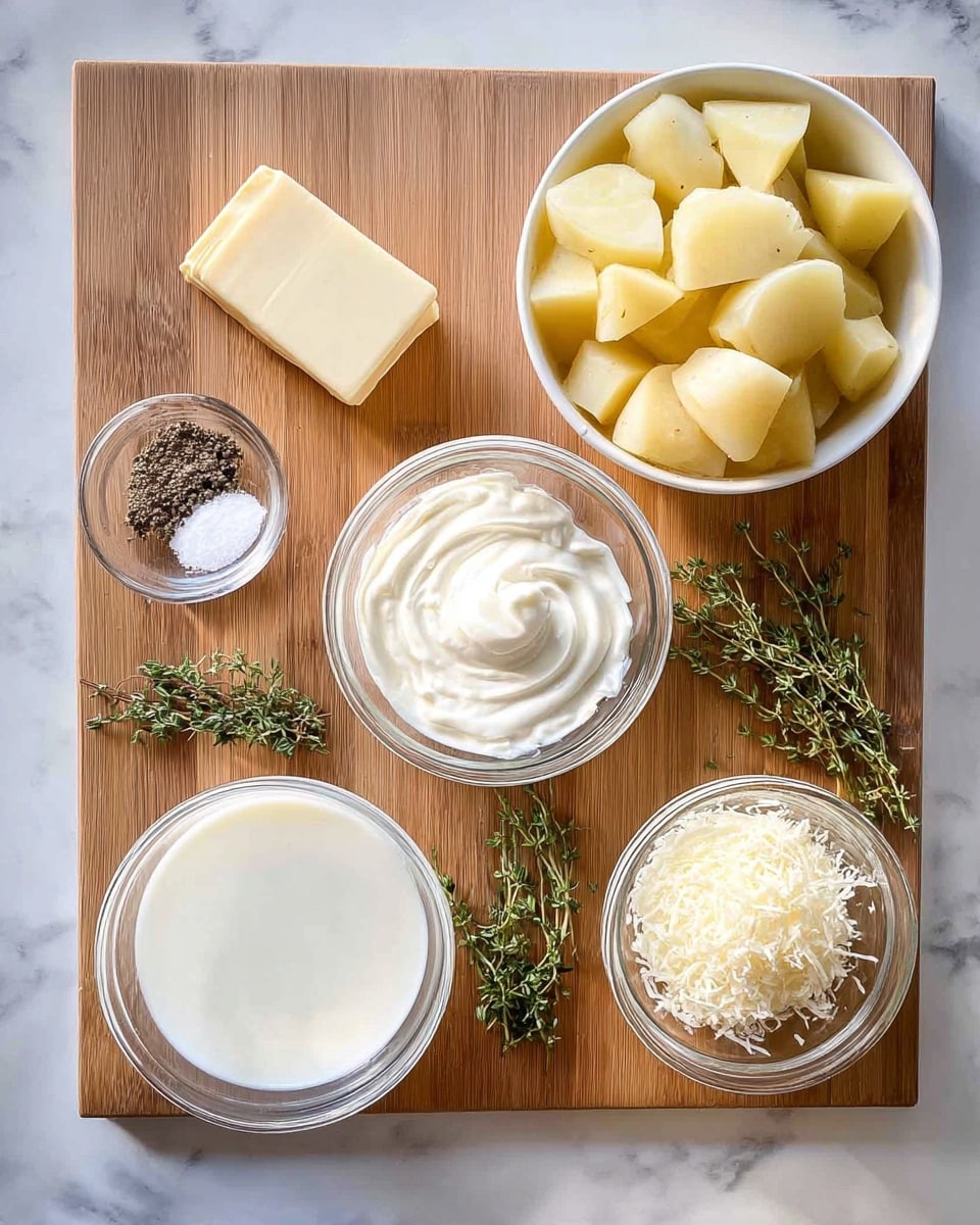 The image shows a wooden board with various ingredients neatly arranged. In the top right corner, there is a white bowl filled with peeled and chopped light yellow potato pieces. Next to it on the left, there is a small square piece of butter. Below the butter, in the center, there is a clear glass bowl with a swirl of white sour cream or cream cheese. At the bottom right, another clear glass bowl holds a small pile of finely grated white cheese. At the bottom left, there is a clear glass bowl filled with white milk. Near the top left, a small clear glass bowl contains salt and cracked black pepper. Green sprigs of fresh thyme are placed in the middle bottom area of the board. The whole setup is placed on a white marbled surface. Photo taken with an iphone --ar 4:5 --v 7