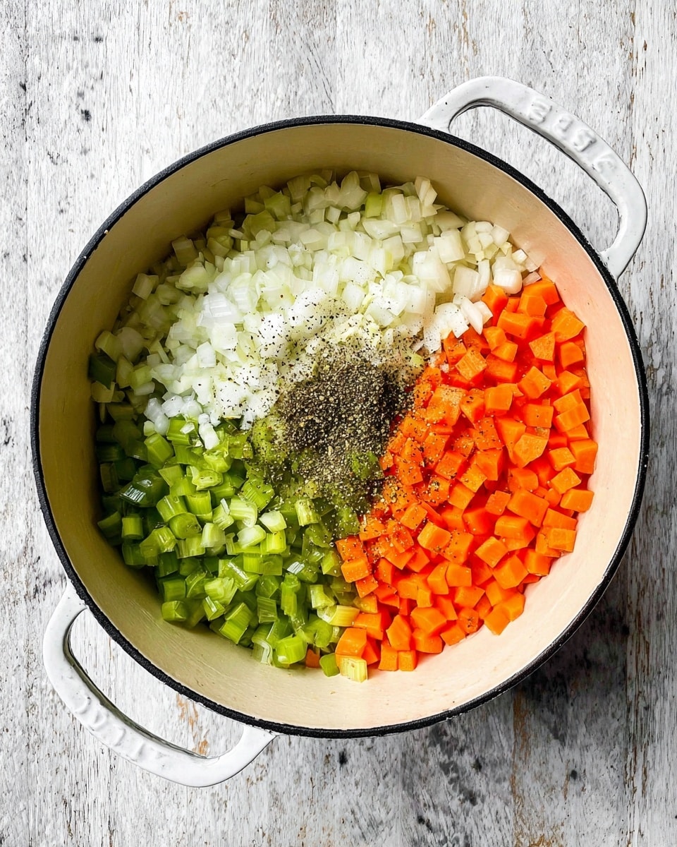 A white cast iron pot with two handles is placed on a white marbled surface, filled with four different chopped ingredients arranged in separate sections: bright orange diced carrots in the bottom right, green chopped celery on the bottom left, finely chopped white onions at the top right, and minced garlic mixed with black pepper sprinkled in the center of the onions. The ingredients are fresh and vibrant, and the black pepper adds small dark specks over the light colored garlic and onions. photo taken with an iphone --ar 4:5 --v 7