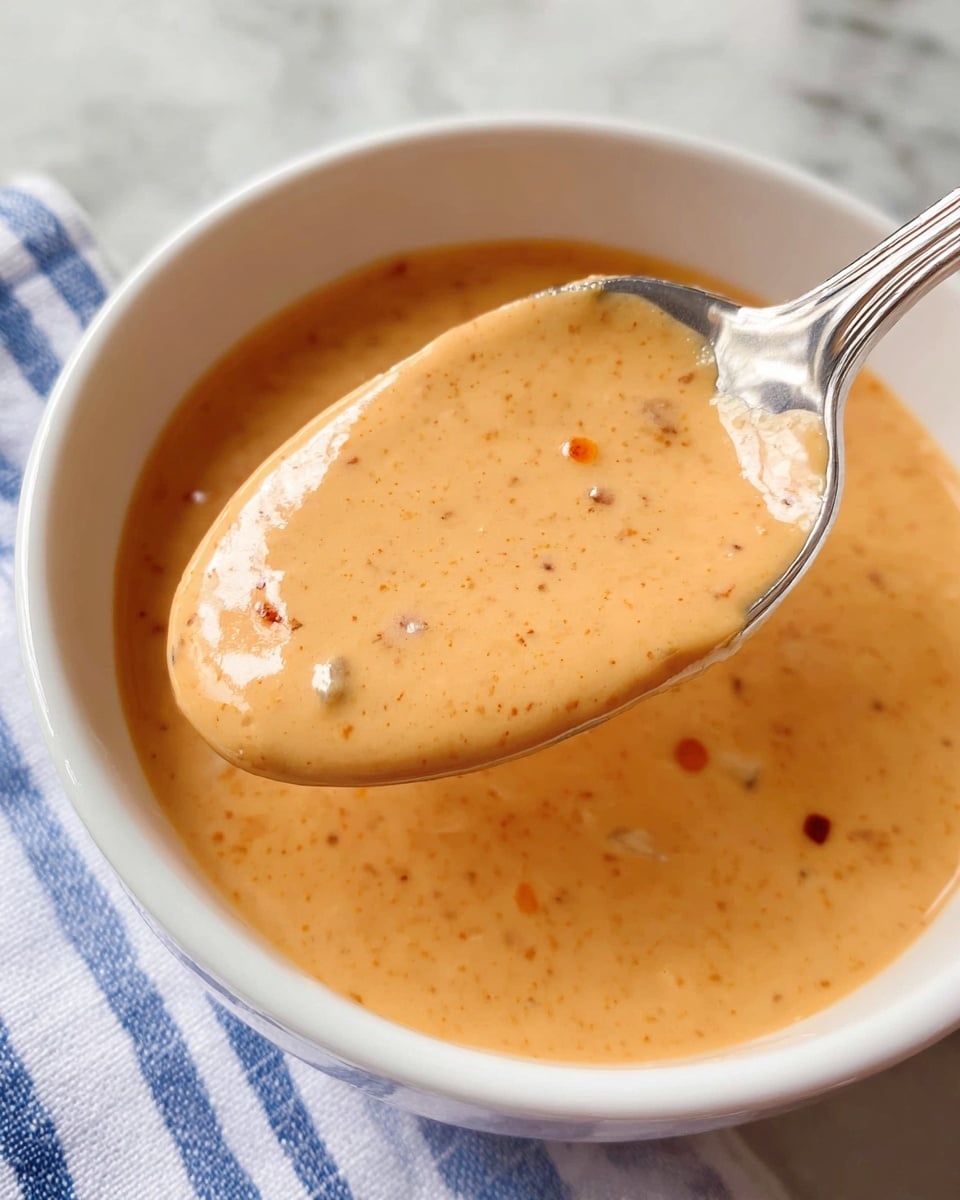 A close-up image of a creamy orange sauce with small red specks and fine texture, held in a silver spoon above a white bowl filled with the same sauce. The bowl sits on a white marbled surface with a blue and white striped cloth partially visible under the bowl. The sauce looks smooth and thick, with a bit of shine and small texture variations. Photo taken with an iphone --ar 4:5 --v 7