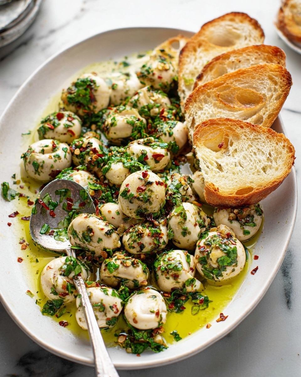 A white oval plate sits on a white marbled surface, filled with a pile of small white mushrooms coated in green chopped herbs and red pepper flakes, sitting in a layer of golden olive oil infused with sliced garlic. To the right inside the plate, there are three pieces of toasted bread leaning against the edge, showing a light brown crispy texture on top. A silver spoon rests inside the plate on the left side, partially dipped into the oil. Photo taken with an iphone --ar 4:5 --v 7