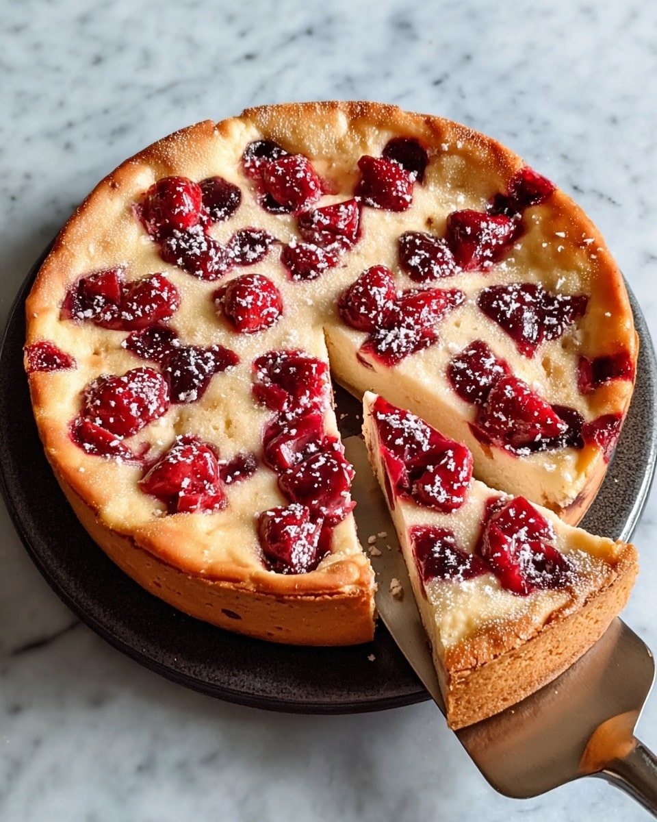 A round dessert with a golden brown crust forms the base layer, slightly puffy and smooth in texture. The top layer is light beige with scattered deep red fruit pieces embedded throughout. Larger chunks of bright red fruit are placed on top in a circular pattern. The entire surface is sprinkled with fine white flakes. One slice is lifted on a metal spatula, showing the same details in the slice. The dessert rests on a dark round plate, which sits on a white marbled surface. Photo taken with an iphone --ar 4:5 --v 7