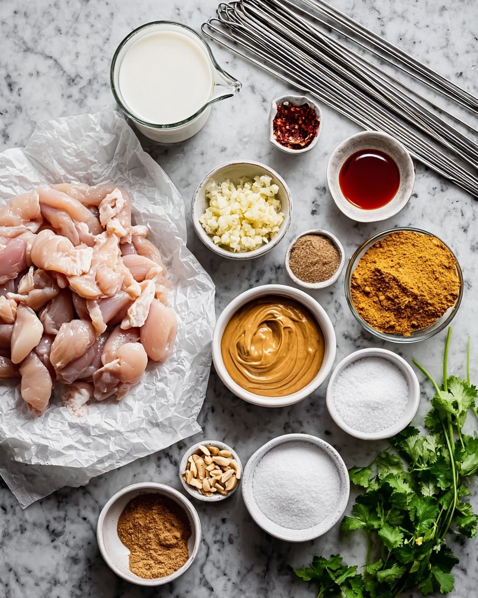 The image shows a top-down view of many ingredients arranged on a white marbled surface. On the left, there is a pile of raw pale pink chicken pieces layered on crumpled white parchment paper. Next to the chicken, there are metal skewers in a group. Moving to the right, there are small white bowls holding finely chopped garlic, thick creamy peanut sauce with swirls, crushed peanuts, bright yellow turmeric powder, brown sugar, and dark red chili powder. There is also a clear glass jug filled with white coconut milk and a small white bowl with a red-brown liquid. A small white bowl filled with white granulated sugar and another small vessel with white salt are also present. Fresh green cilantro leaves are placed on the far right side. The whole scene is brightly lit and organized. Photo taken with an iphone --ar 4:5 --v 7