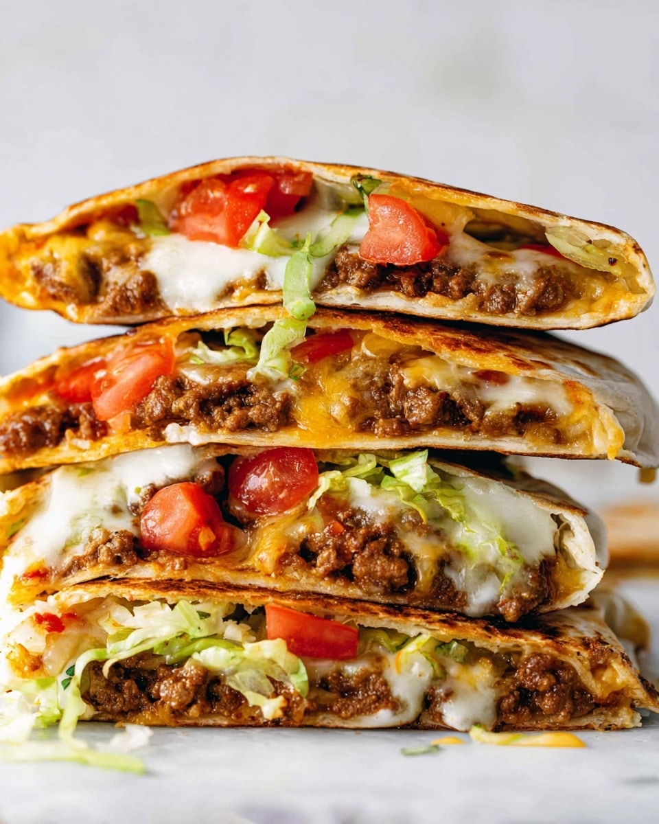 A stack of four stuffed quesadilla halves is shown on a white marbled surface. Each quesadilla half has a golden-brown toasted tortilla outer layer with a slightly crisp texture. Inside, there are layers of seasoned brown ground meat, melted white cheese oozing out, chopped bright red tomatoes, and shredded light green lettuce. The cheeses stretch slightly between the layers, and the vibrant red tomatoes and light green lettuce add freshness and color contrast. The stack is shown close up, highlighting the layers and textures of the filling, with a clean white background. Photo taken with an iphone --ar 4:5 --v 7