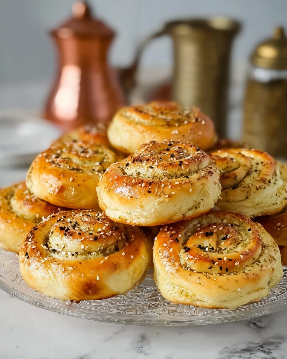 The image shows a pile of golden brown swirl buns stacked on a clear glass plate placed on a white marbled surface. Each bun has a glossy, lightly browned top with specks of sesame seeds and black seeds sprinkled over it. The dough forms tight spiral layers revealing a creamy, crumbly filling with a slightly rough texture. The buns look soft on the inside with a shiny, smooth outer crust. In the blurred background, there are metallic containers and a copper kettle adding a cozy setting. Photo taken with an iphone --ar 4:5 --v 7