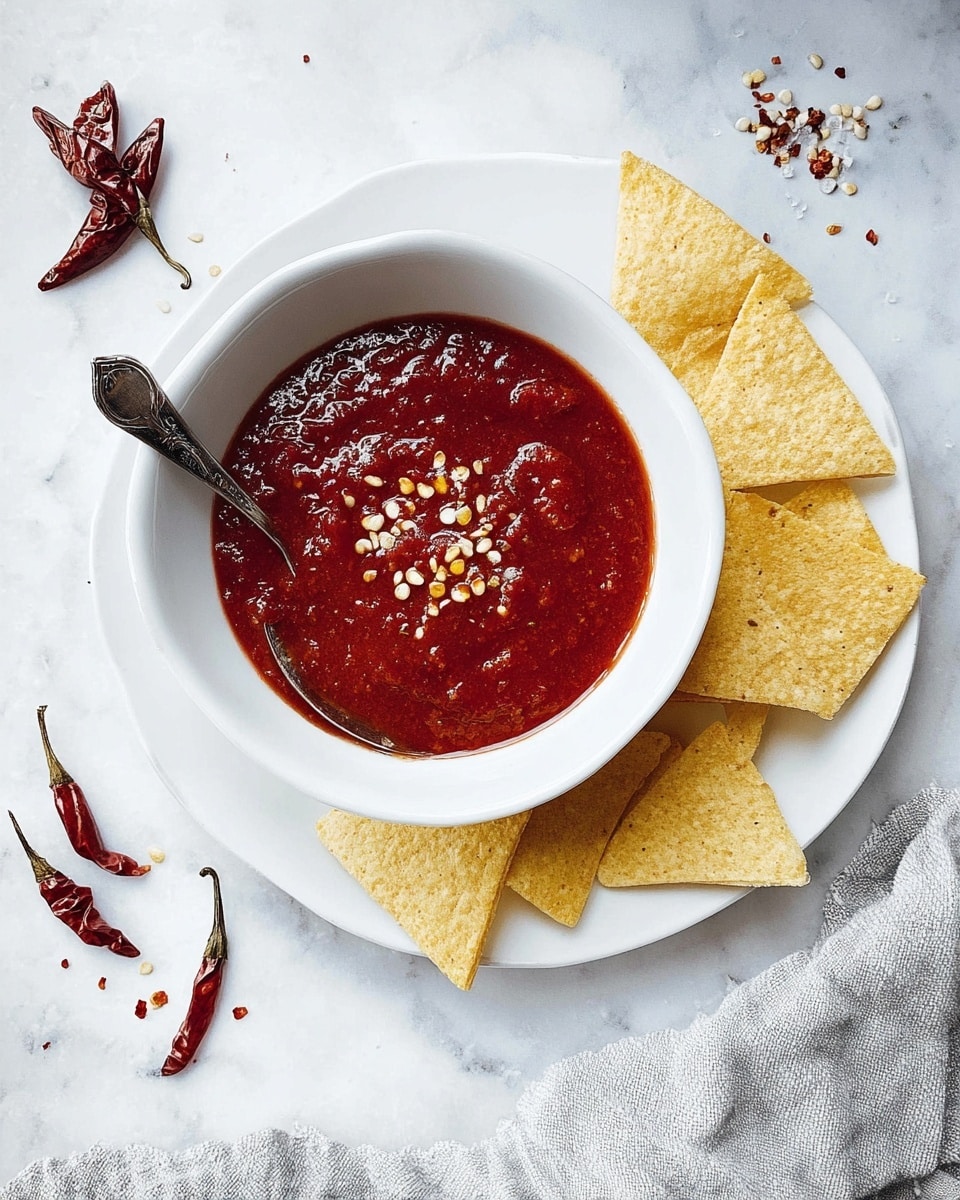 The image shows a white bowl filled with thick, deep red salsa topped with a few scattered white and yellow seeds in the center. The bowl is placed on a large white plate, where several triangular, light yellow tortilla chips rest around the bowl along the left side. A silver spoon is inside the bowl on the left side, partially submerged in the salsa. The plate is set on a white marbled surface with some dried chili peppers and scattered pepper flakes nearby on the bottom left. A light gray, textured cloth is softly draped on the bottom right corner. photo taken with an iphone --ar 4:5 --v 7