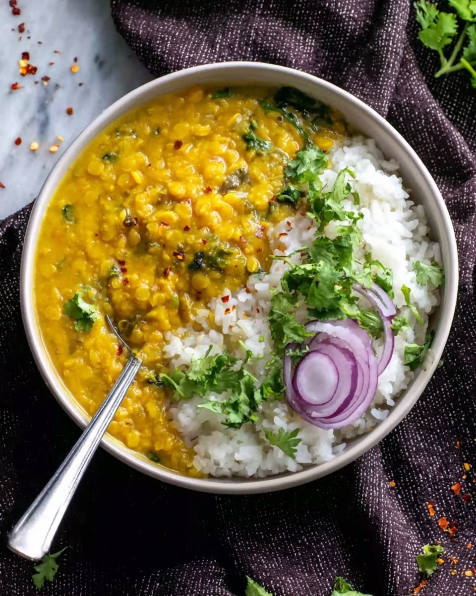 A white bowl filled with white rice on one side and thick yellow lentil curry on the other side, topped with fresh green coriander leaves. On the rice near the curry, there are a few rings of thinly sliced purple onion. A silver spoon is placed inside the bowl, resting partly in the curry. The bowl is set on a dark brown textured cloth over a white marbled background with a few scattered coriander leaves and some crushed red spices nearby. Photo taken with an iphone --ar 4:5 --v 7
