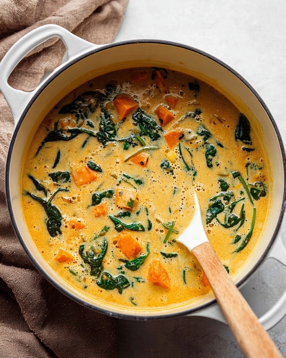 A white pot filled with creamy orange soup with visible chunks of orange sweet potato and scattered dark green spinach leaves throughout. A white spatula rests inside the pot, partially submerged in the soup, showing the texture and thickness of the liquid. The pot is placed on a white marbled surface with a soft brown cloth nearby. The soup’s surface shows small bubbles and slight creaminess, with the bright colors of the vegetables contrasting against the smooth base photo taken with an iphone --ar 4:5 --v 7