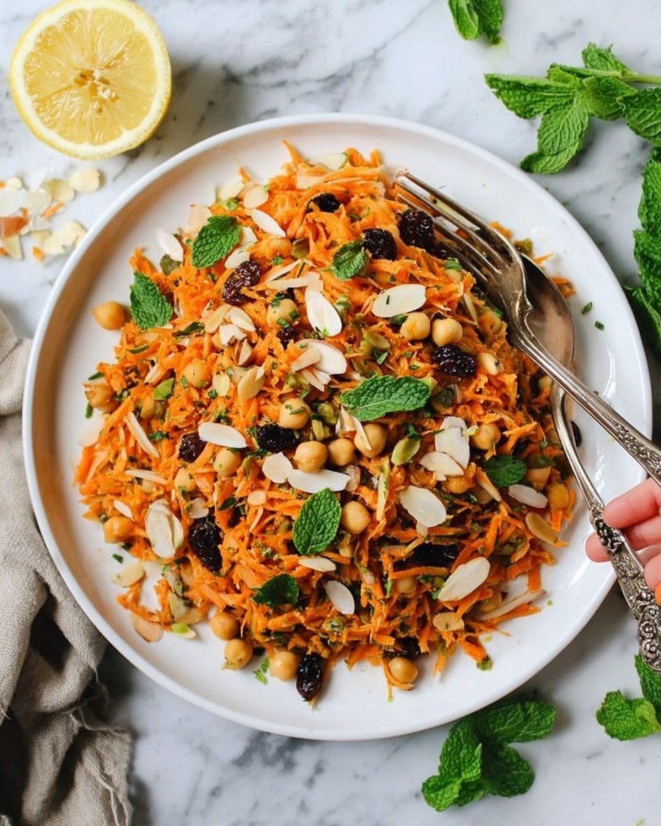 The image shows a white plate filled with a colorful carrot salad. The bottom layer is made up of shredded bright orange carrots mixed with small white chickpeas. There are bits of dark dried raisins or similar fruit scattered throughout, adding contrast. Fresh green mint leaves are spread on top along with slivered white almonds for texture. The plate is on a white marbled surface, with a half lemon cut placed beside it and a woman's hand holding a spoon and fork resting on the plate edge. Fresh green mint leaves also decorate the surface around the plate. photo taken with an iphone --ar 4:5 --v 7