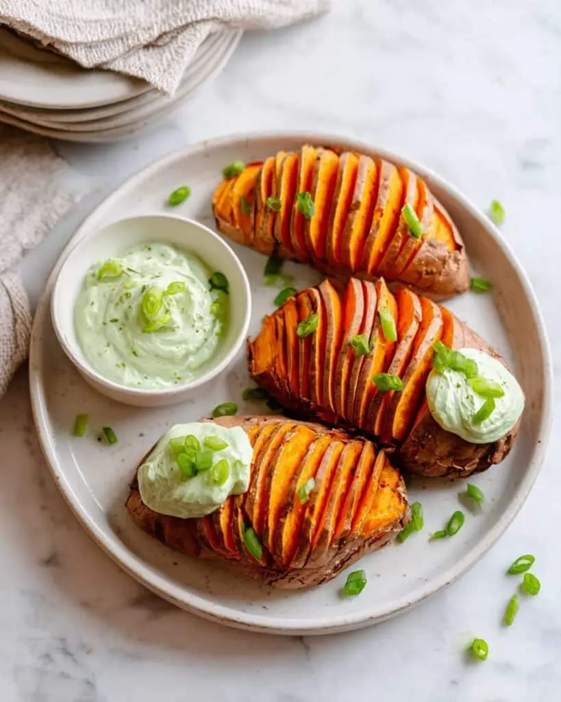 Hasselback Sweet Potatoes with Thyme and Avocado Yogurt Dip Recipe