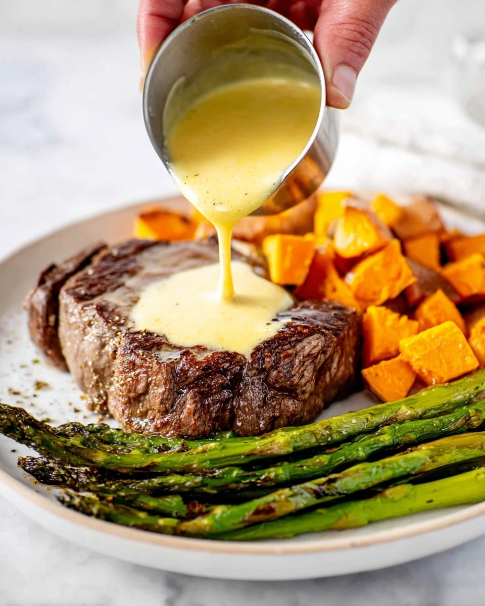 A white plate with a cooked steak taking up most of the center space, showing a browned, slightly crisp texture on top. On the right side of the steak, there are bright orange roasted sweet potato chunks with a slightly caramelized look. On the top side of the plate, there are several green roasted asparagus spears with charred marks. A woman's hand is pouring a smooth, light yellow sauce over the steak from a small metal cup, the sauce flowing down and partially covering the top layer of the steak. The plate is set on a white marbled surface. photo taken with an iphone --ar 4:5 --v 7