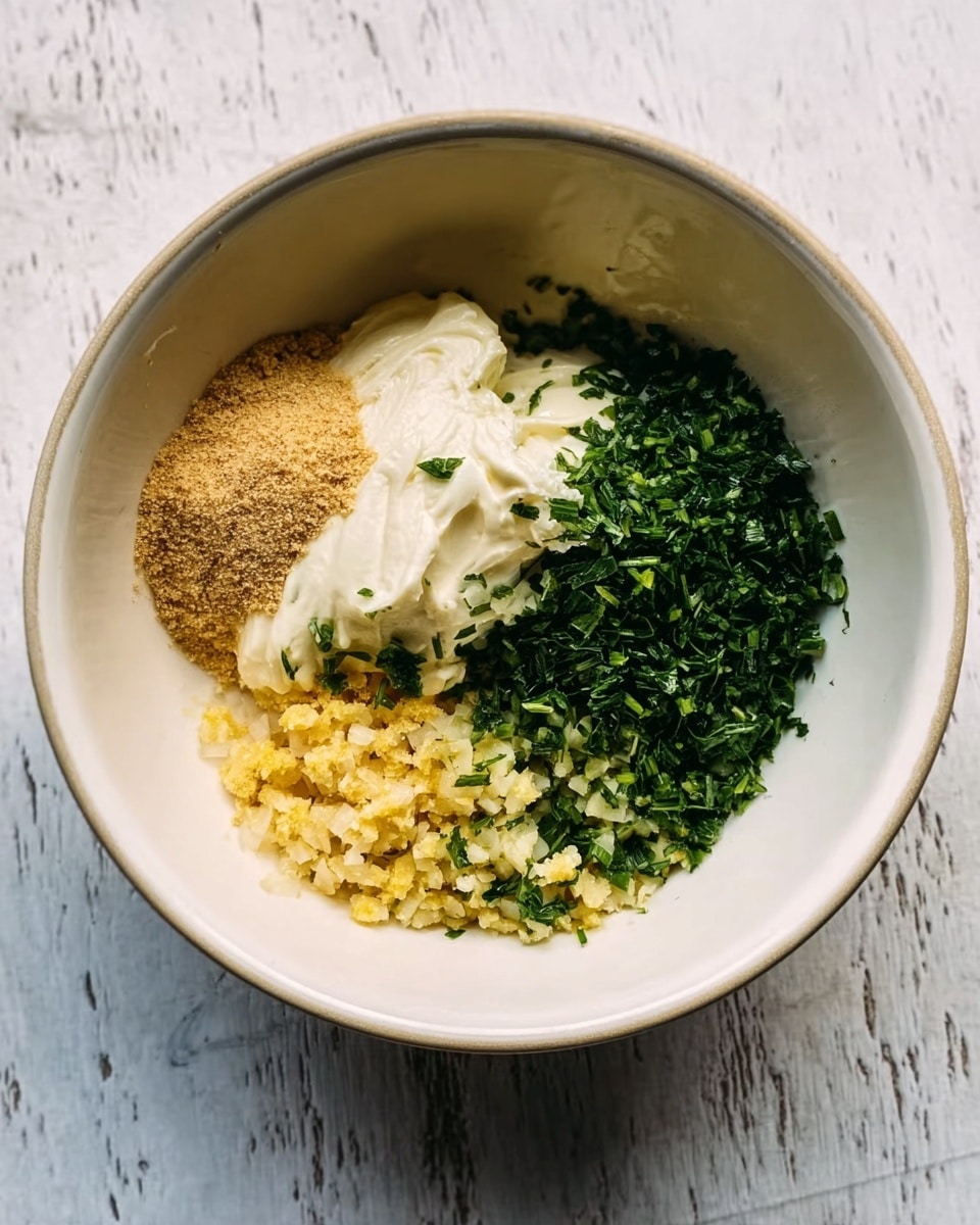 A white bowl is placed on a white marbled surface. Inside the bowl are four separate piles of ingredients. One pile is a creamy white mixture with a smooth texture, next to it is a light tan powdery ingredient. Below that is a pile of small chopped light yellow pieces, and beside it is a bright green chopped herb layer, each section keeping its own space without mixing. The lighting is natural and soft, highlighting the colors and textures clearly. Photo taken with an iphone --ar 4:5 --v 7