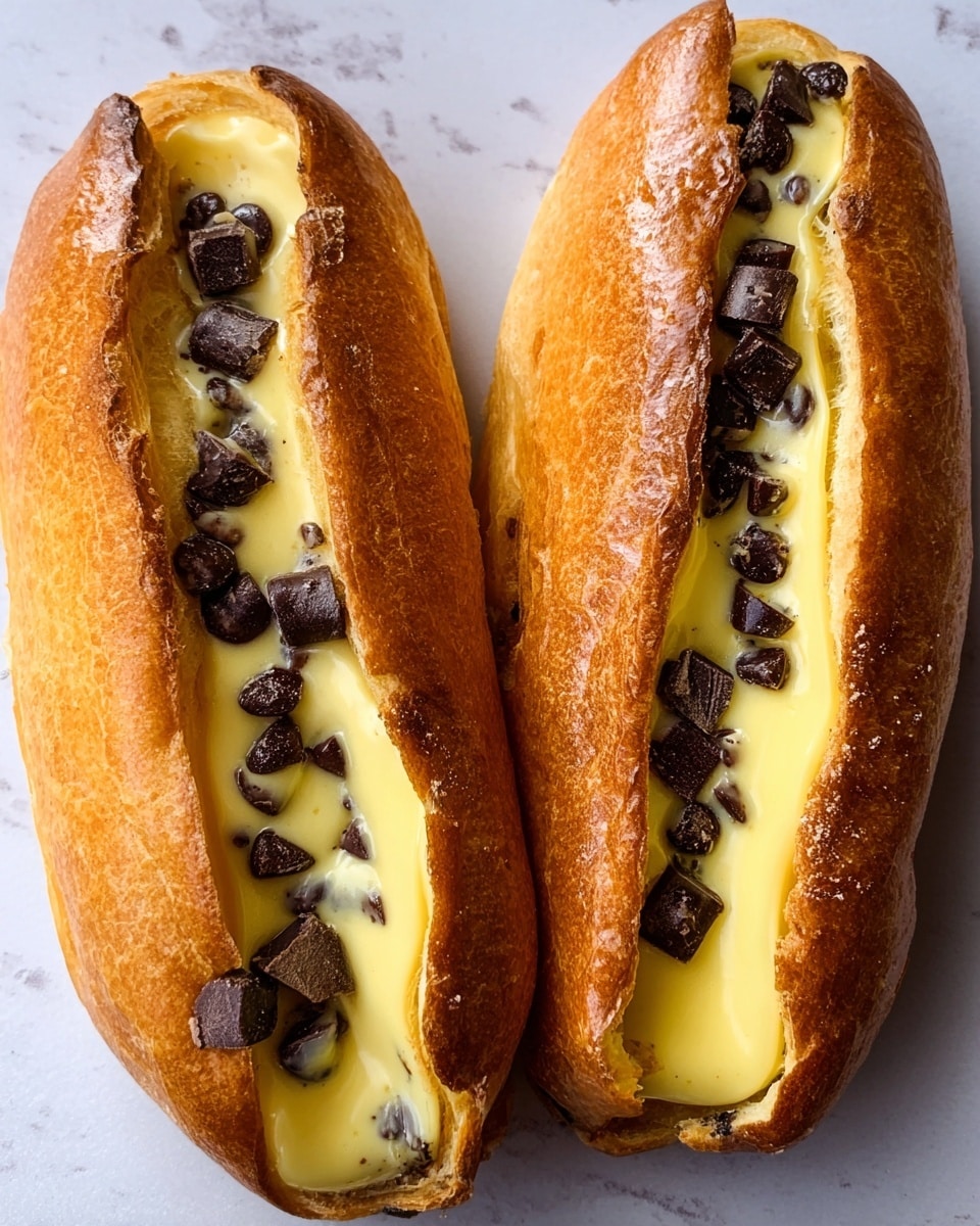 Four golden brown pastries are lined up diagonally on a flat surface covered with a beige textured baking mat. Each pastry has two main layers: a shiny, smooth outer dough layer with a slightly crisp texture on top, and a creamy pale yellow filling partially visible along one side. Small dark chocolate chips are embedded at the edge between the dough and the yellow filling, adding contrast. The pastries have a gentle, soft rise with visible edges and a neat, slightly elongated shape. photo taken with an iphone --ar 4:5 --v 7