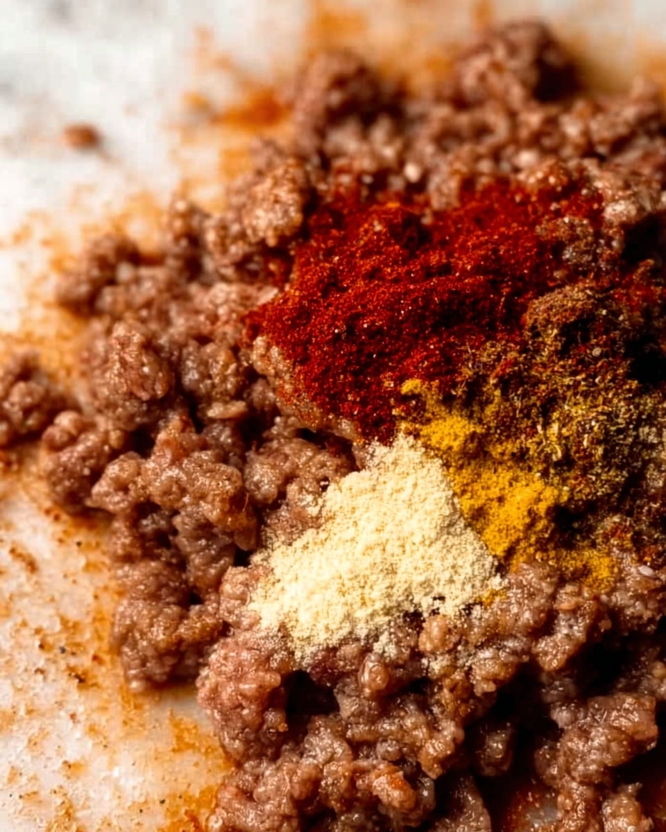 The image shows a close-up of cooked ground meat with a slightly crumbly texture in a warm brown color, spread out as the base layer. On top in the center are small piles of spices in distinct colors and textures: a bright red powder, a light beige powder, and a muted yellow powder, all resting directly on the cooked meat. The background is a white marbled surface, and the photo was taken with an iphone --ar 4:5 --v 7