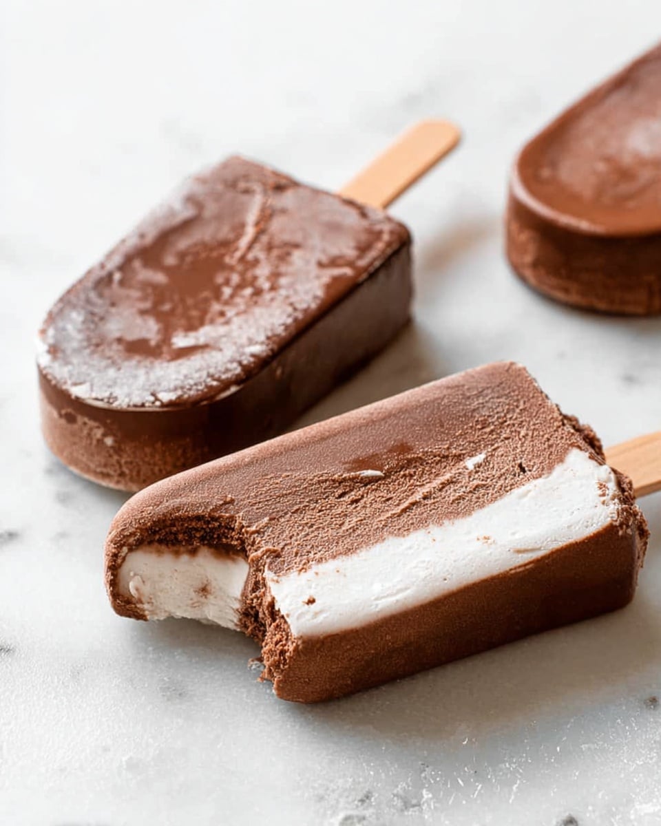 There are three chocolate ice cream bars on a white marbled surface, two lying flat and one tilted showing a bite revealing two layers: a smooth white creamy inner layer and a thick, rich, dark brown chocolate outer layer with a slightly rough texture where bitten. Each bar is on a wooden stick, and the cold frost on the bars highlights their creamy texture and coolness. The overall colors are white and shades of brown, giving a fresh and tasty look. photo taken with an iphone --ar 4:5 --v 7