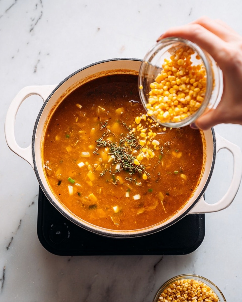 A white pot filled with a thick orange-brown soup with visible small green and white vegetable pieces, placed on a black hot plate, with a woman's hand pouring yellow corn kernels from a small clear bowl into the soup, all set on a white marbled surface photo taken with an iphone --ar 4:5 --v 7