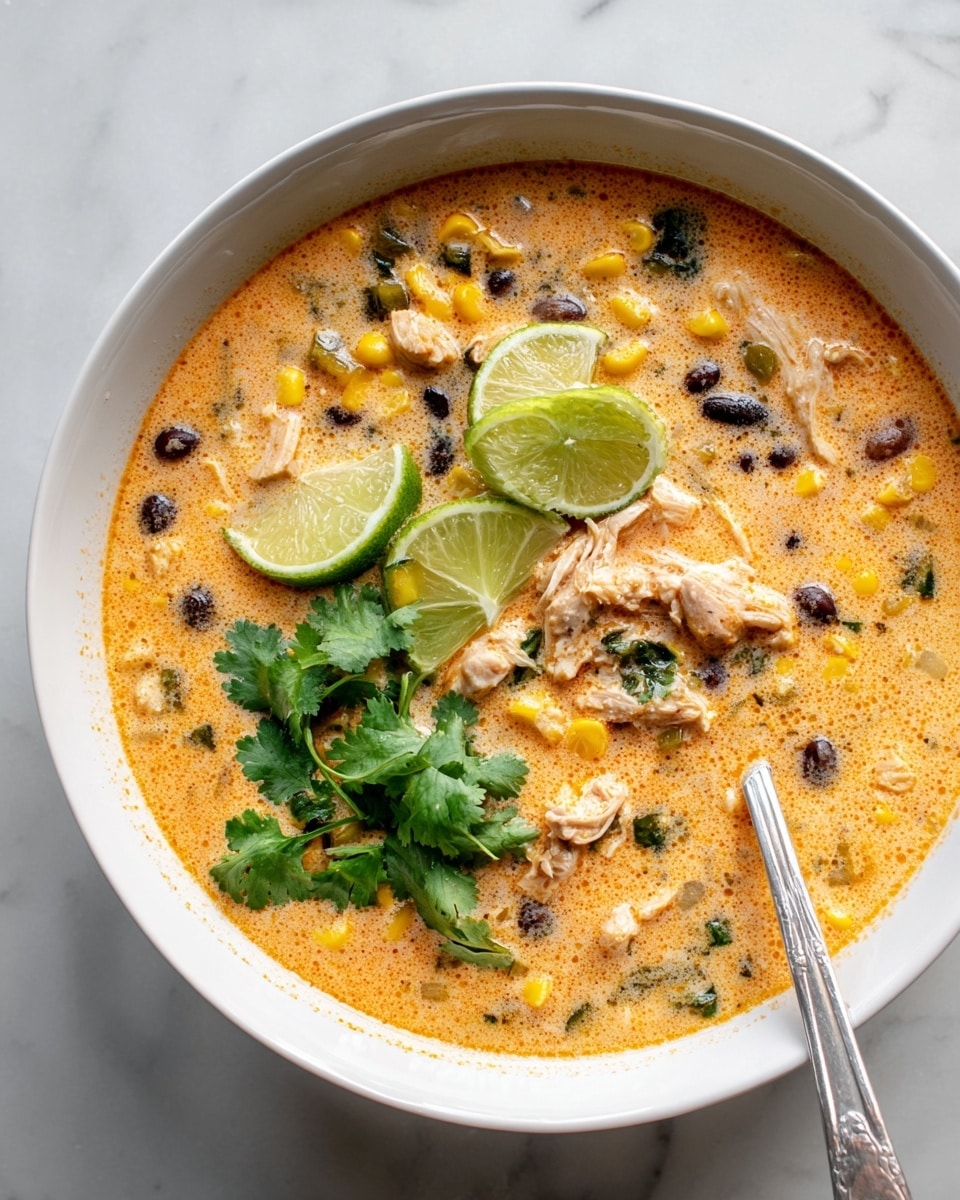 A white bowl filled with a creamy orange soup that has visible pieces of shredded chicken, black beans, corn kernels, and small green vegetable chunks throughout. On top, two bright green lime wedges sit slightly to one side, accompanied by a small bunch of fresh cilantro leaves in the center. A silver spoon rests inside the bowl on the right side, partially submerged in the soup. The bowl is placed on a white marbled surface with soft natural lighting. photo taken with an iphone --ar 4:5 --v 7