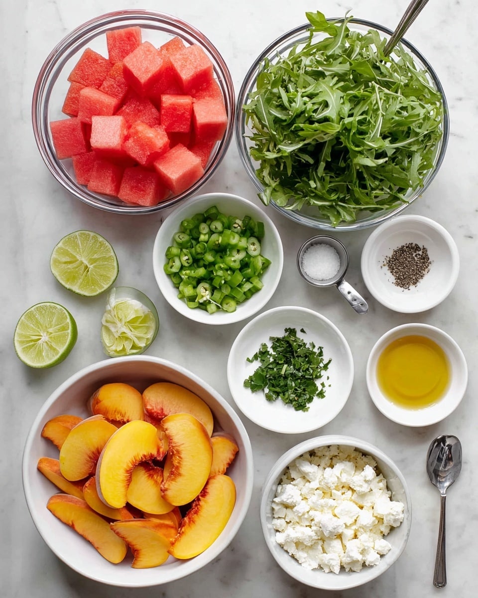 The image shows an overhead view of several clear and white bowls on a white marbled surface, each with different fresh ingredients. One clear bowl is filled with bright red watermelon cubes, and one clear bowl contains fresh green arugula leaves. A white bowl holds orange and yellow peach slices arranged in a loose pile. Another white bowl contains white crumbled cheese. There is a small white bowl with finely sliced green onions, another with finely chopped green herbs, and a third with finely diced jalapeno peppers. A white bowl has coarse salt and black pepper side by side. Lastly, a small white bowl contains golden olive oil, and a silver spoon holds minced garlic. Two lime halves sit off to the side. photo taken with an iphone --ar 4:5 --v 7