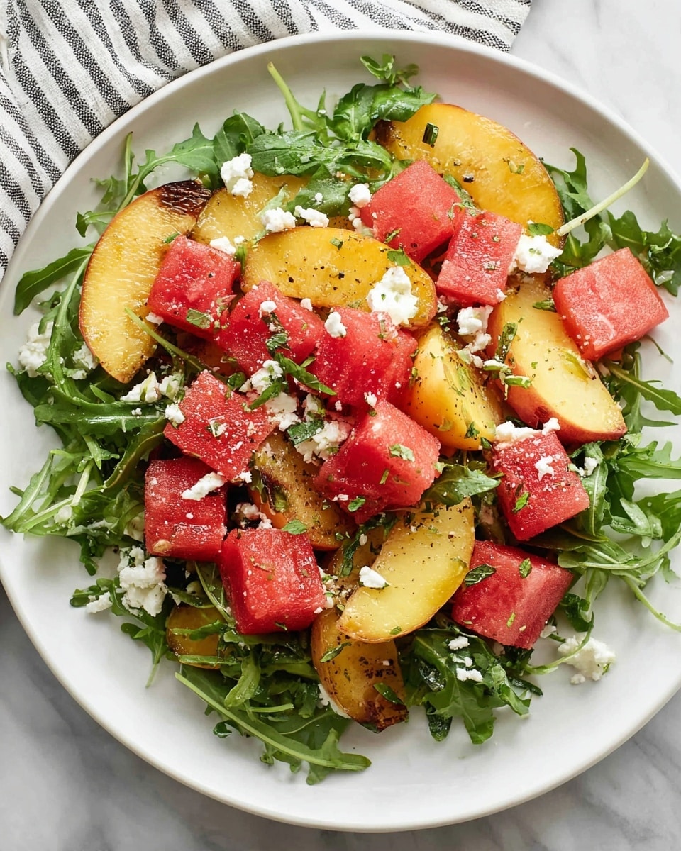 A white plate holds a fresh salad with three main layers: the bottom layer is bright green arugula leaves with a slightly rough texture, the middle layer features golden-yellow peach slices with light browning on the edges showing a soft texture, and the top layer has cubed watermelon pieces in bright red with a juicy look. Small white crumbles of feta cheese are scattered on top, along with finely chopped green herbs that add specks of dark green throughout. The plate sits on a white marbled surface with a striped cloth partially visible in the corner. photo taken with an iphone --ar 4:5 --v 7