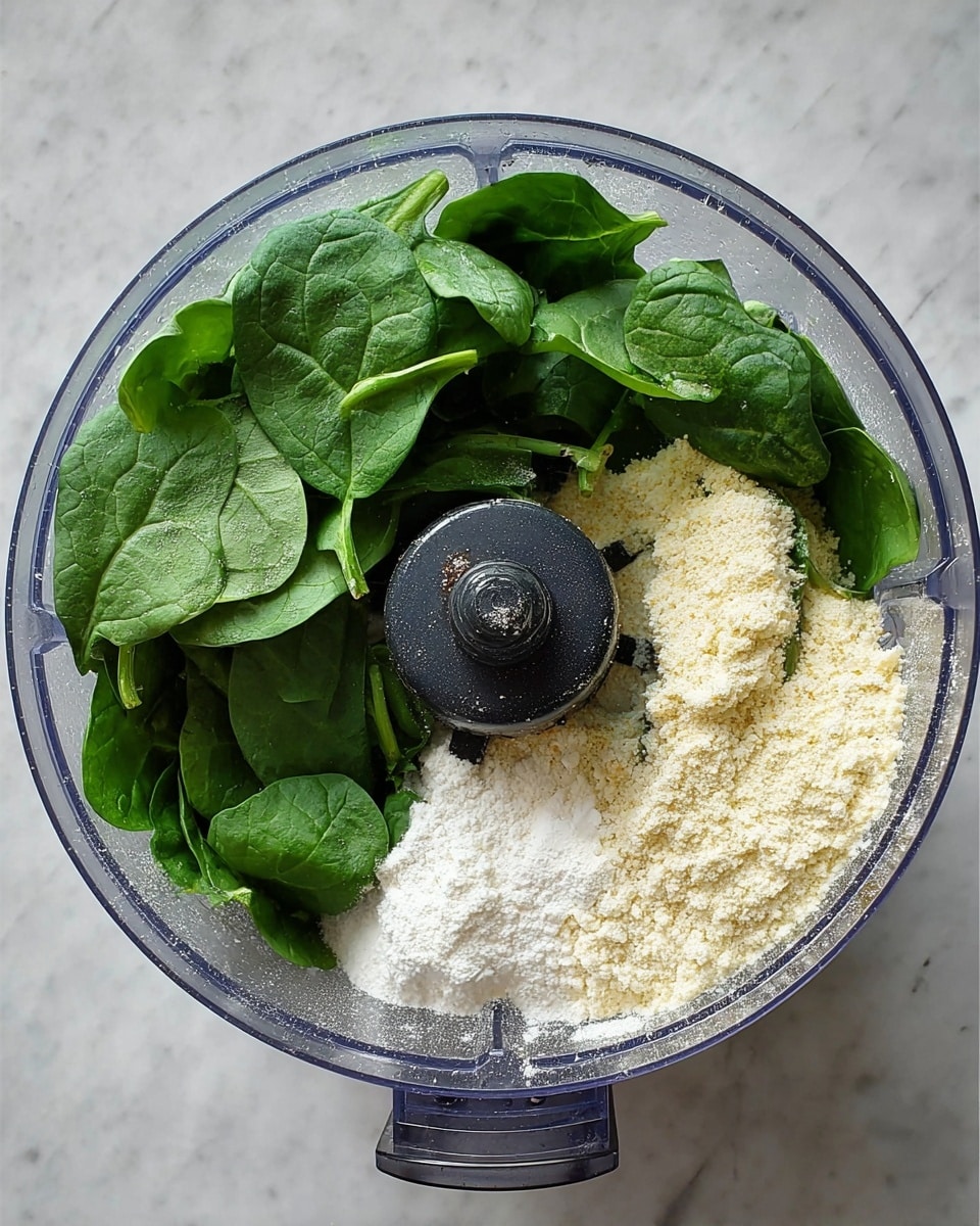 A clear food processor bowl shows three main layers: bright green spinach leaves on the top, white powdery flour on the left side underneath the spinach, and a light yellow powder, likely cornmeal or flour, on the right side beneath the spinach. The central black blade part is visible, surrounded by the ingredients. The scene sits on a white marbled surface photo taken with an iphone --ar 4:5 --v 7