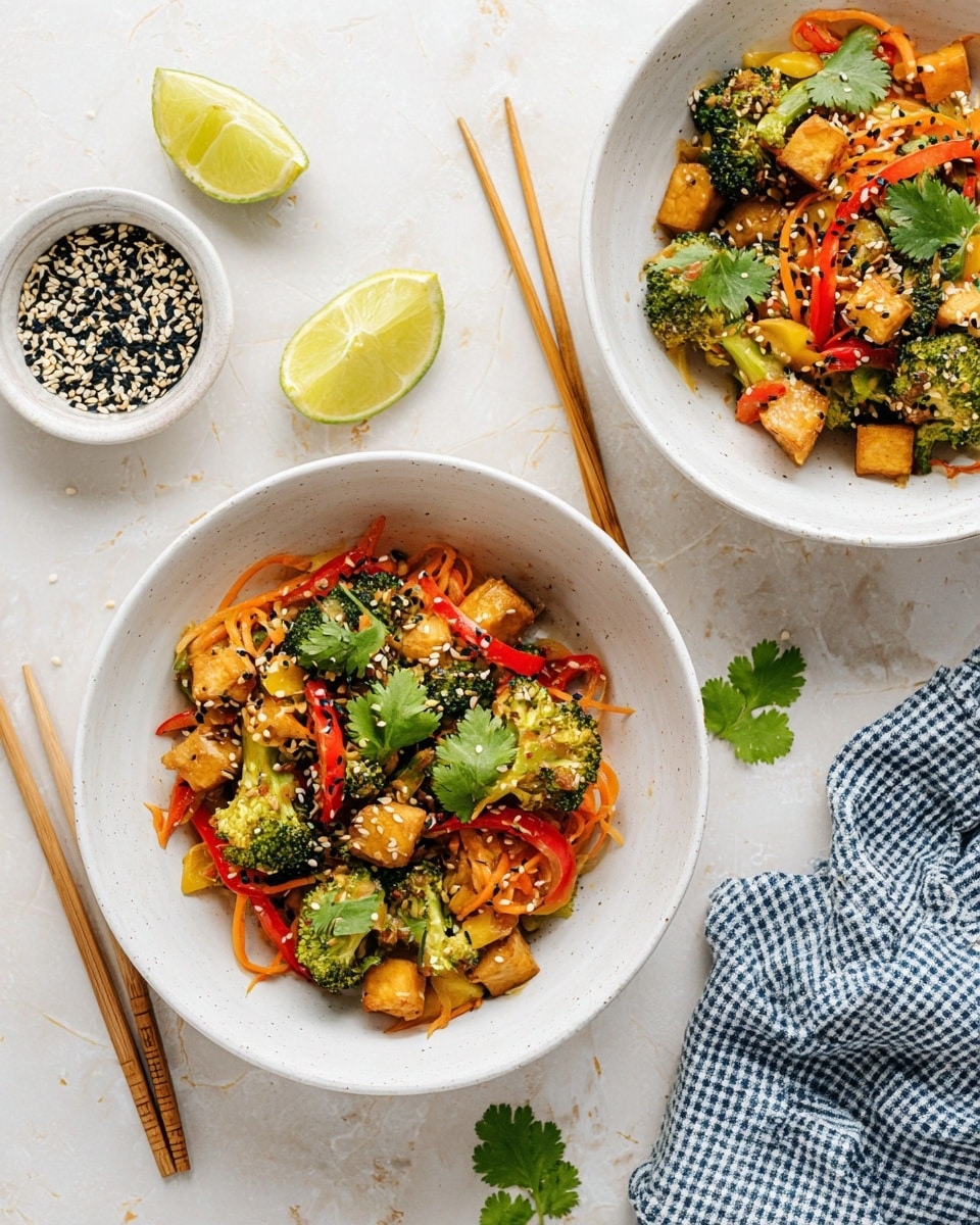 Two white bowls hold a colorful vegetable stir-fry placed on a white marbled surface. Each bowl shows a mix of bright green broccoli florets, orange shredded carrots, red bell pepper strips, and small golden tofu cubes. The dish is topped with small black and white sesame seeds and fresh green cilantro leaves. Around the bowls, there are lime wedges, a small white bowl filled with black and white sesame seeds, a pair of wooden chopsticks, and a blue and white checkered cloth. The image is bright with natural light emphasizing the fresh colors of the food. photo taken with an iphone --ar 4:5 --v 7