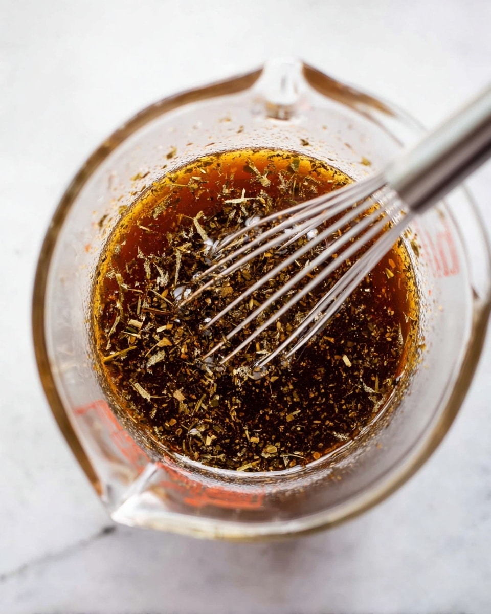 A clear glass measuring cup contains a dark brown liquid mixture with visible small pieces of herbs and spices floating throughout. Inside the cup, a small silver whisk is partially immersed in the mixture, with some of the liquid clinging to its wires. The cup is placed on a white marbled surface, and the photo is taken from directly above, focusing closely on the mixture and the whisk. photo taken with an iphone --ar 4:5 --v 7