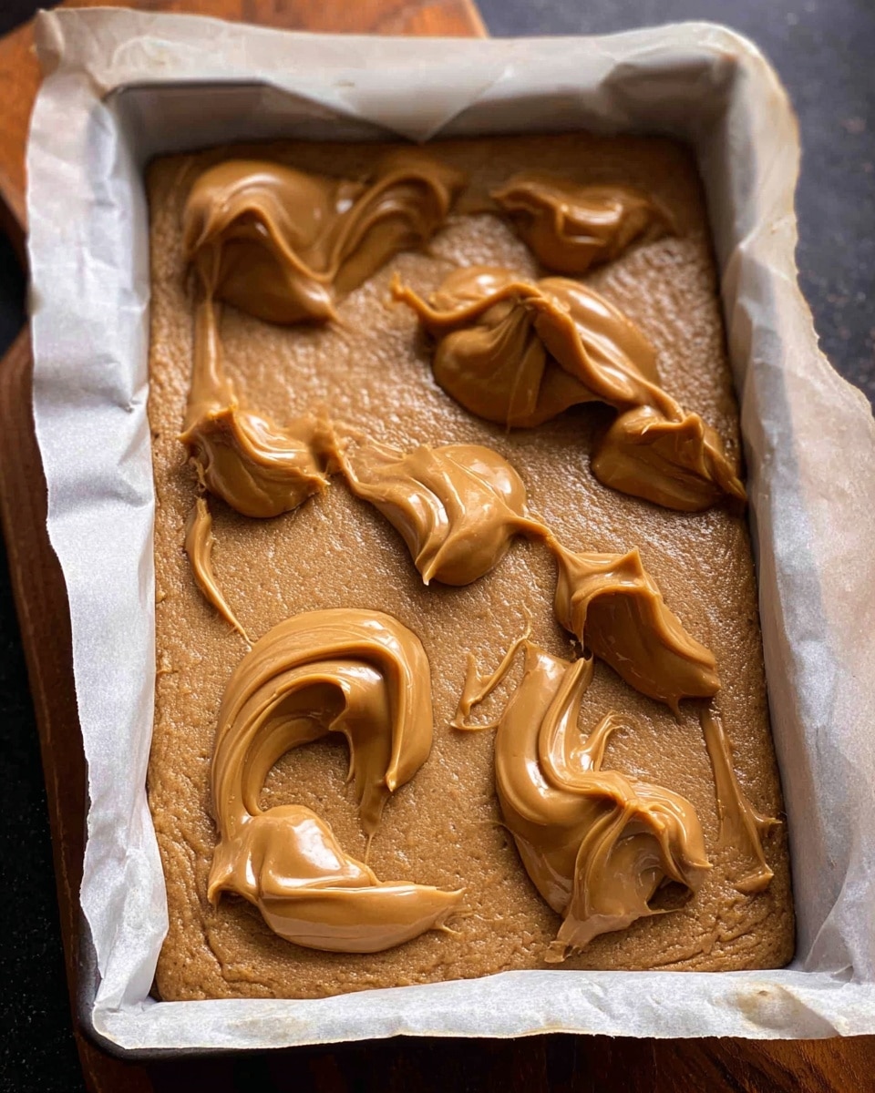 A rectangular white baking pan lined with parchment paper holds a thick, flat light brown baked base layer with a rough texture. On top of this base, there are several smooth, shiny dollops of a darker caramel brown spread, unevenly placed across the surface, each having a creamy, soft texture with some peaks and swirls. The pan is set against a dark surface. photo taken with an iphone --ar 4:5 --v 7