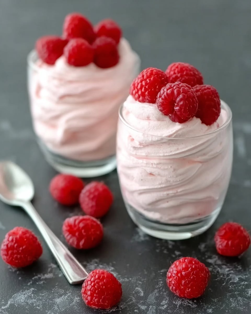 Two clear glass cups sit on a dark surface showing layers of light pink, creamy mousse swirled inside. Each cup is topped with several bright red raspberries that add a fresh pop of color against the soft pink cream. Around the cups, several raspberries are scattered, with a silver spoon resting nearby. The background is a white marbled texture. photo taken with an iphone --ar 4:5 --v 7