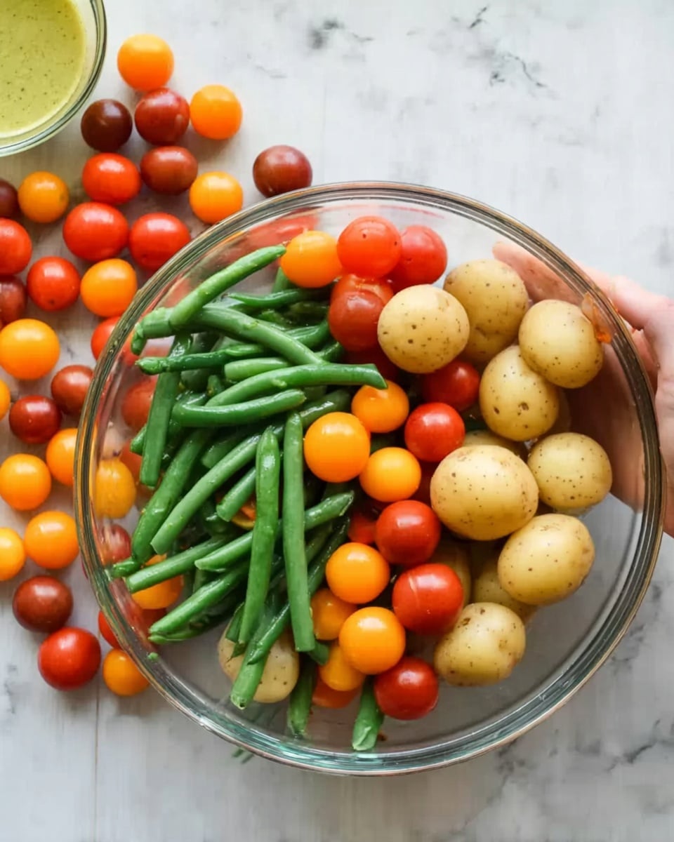 A clear glass bowl filled with three layers of food sits on a white marbled surface. The bottom layer has small round light brown potatoes with a smooth texture. The middle layer consists of bright green beans that are long and firm, scattered unevenly across the potatoes. The top layer shows small round cherry tomatoes in two colors: deep red and bright orange, providing a fresh contrast with the green beans and potatoes. Surrounding the bowl, more cherry tomatoes and potatoes spread naturally on the white marbled background. In the top left corner, a small glass bowl of pale yellow-green dressing is partially visible. A woman's hand holds the bowl gently from the side. photo taken with an iphone --ar 4:5 --v 7