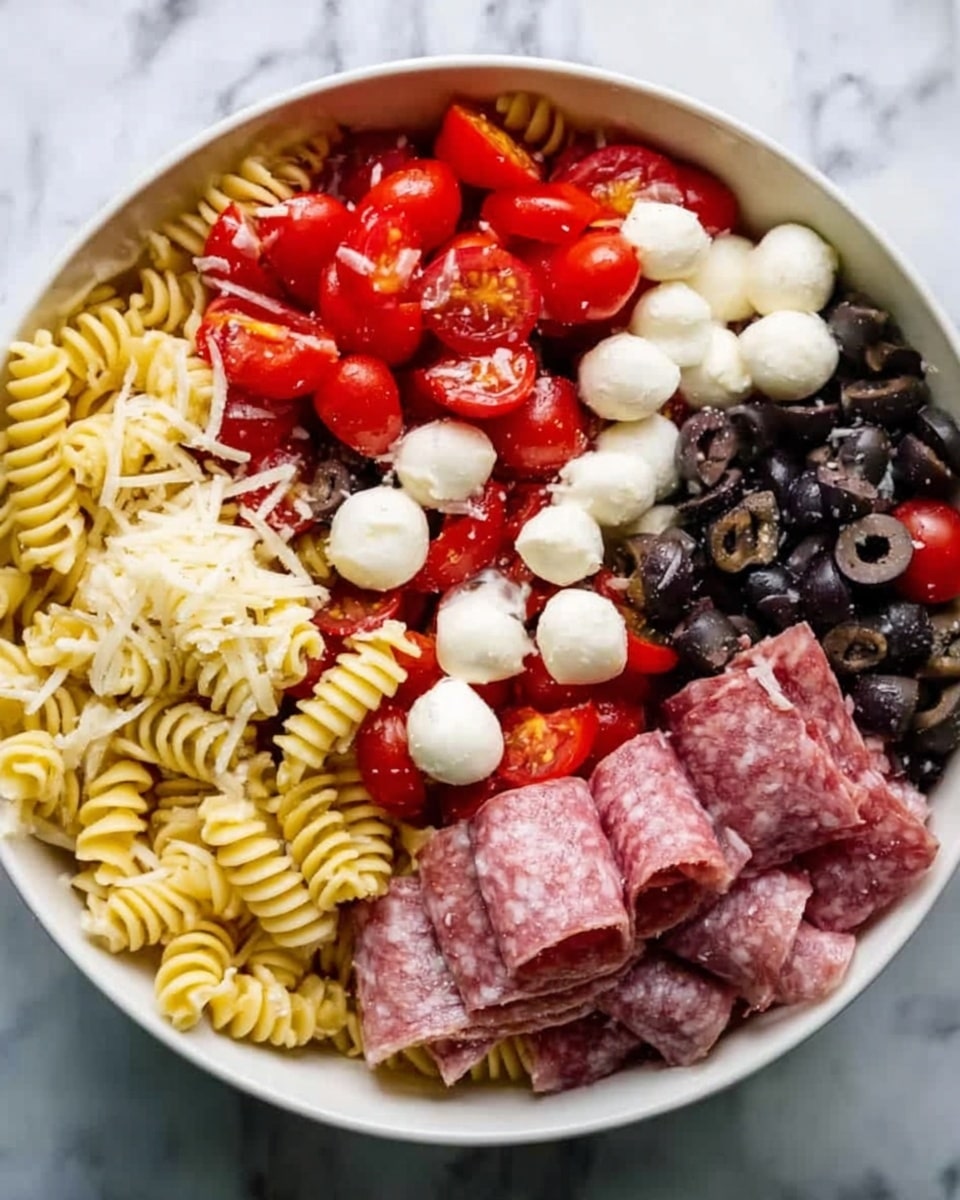 A white bowl sits on a white marbled surface, filled with a layered pasta salad. At the base, there are pale yellow rotini pasta spirals, topped with bright red halved cherry tomatoes spread evenly. Over the tomatoes, small white mozzarella balls are scattered. Black olive slices and chopped black olives are layered next, adding dark contrast. On one side, thin folded slices of pink salami are arranged in a neat stack. The ingredients create a colorful and textured mix in the bowl. Photo taken with an iphone --ar 4:5 --v 7