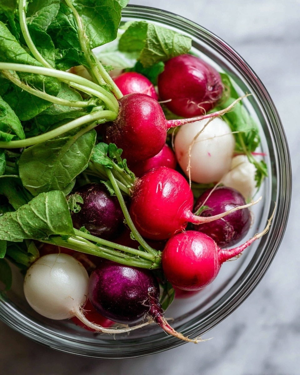 A clear glass bowl is full of fresh radishes with long green leaves attached. The radishes come in three colors: bright red, deep purple, and white. Their round roots and delicate stems are visible, with the roots touching the bottom of the bowl and the leafy greens resting on top. The bowl is shown resting on a white marbled surface. Photo taken with an iphone --ar 4:5 --v 7