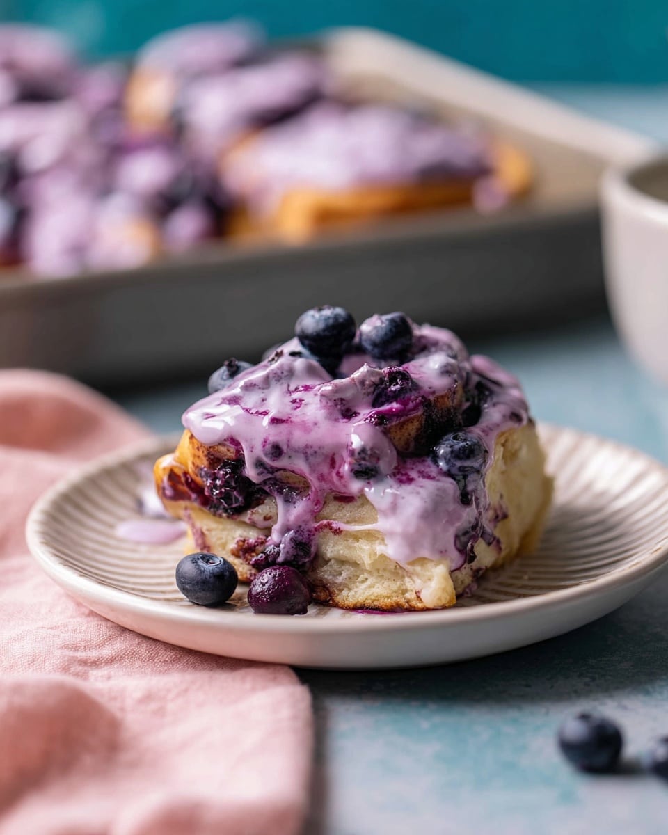 A slice of cinnamon roll with three layers of soft, light golden dough sits on a white plate with ridges. The roll is covered in thick, creamy purple icing mixed with whole and crushed blueberries, which drips down the sides. Three juicy blueberries are placed on top as decoration. The background shows a blurred baking tray with more rolls and a blue surface beneath a pale pink cloth. The photo taken with an iphone --ar 4:5 --v 7