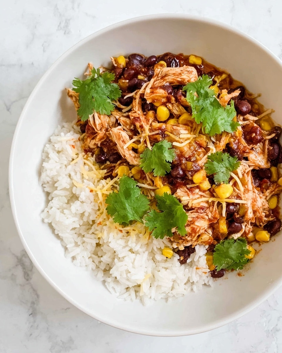 A white bowl holds a dish with three layers; the bottom layer is a bed of plain white rice, soft and fluffy with individual grains visible. On top of the rice is a thick layer of shredded chicken mixed with black beans, yellow corn, and some sauce giving a reddish tint. Scattered on this are thin strands of melted yellow cheese adding a slight shine. Fresh green cilantro leaves are placed on top, adding a fresh look with their bright green color and distinct leaf shape. The whole bowl is set on a white marbled surface. photo taken with an iphone --ar 4:5 --v 7