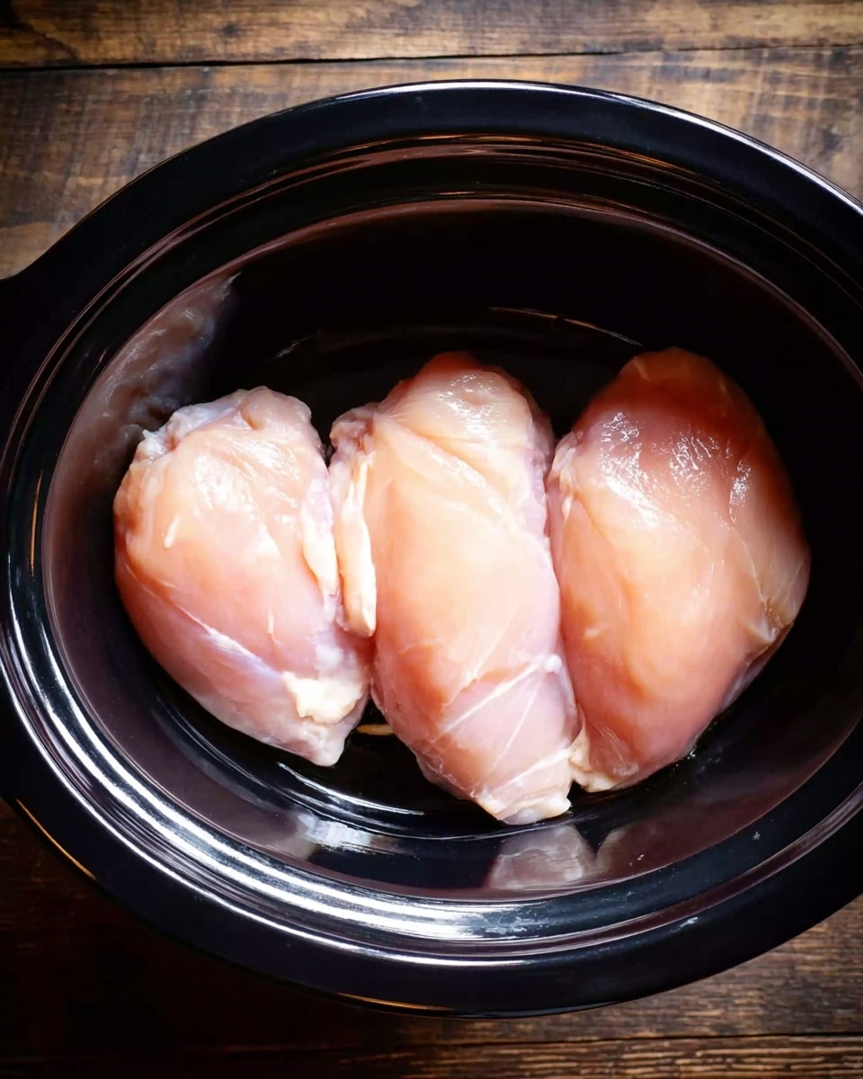 In the image, three pieces of raw, pale pink chicken are placed side by side in a round, black slow cooker pot. The smooth texture of the chicken contrasts with the shiny black surface of the pot. The pot is sitting on a wooden table with a visible grain pattern. Photo taken with an iphone --ar 4:5 --v 7